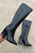 Margot - Women's Crocodile-Textured Knee-High Boots with Pointed Toe