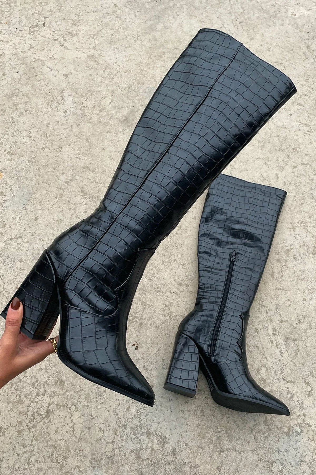 Margot - Women's Crocodile-Textured Knee-High Boots with Pointed Toe