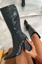 Margot - Women's Crocodile-Textured Knee-High Boots with Pointed Toe