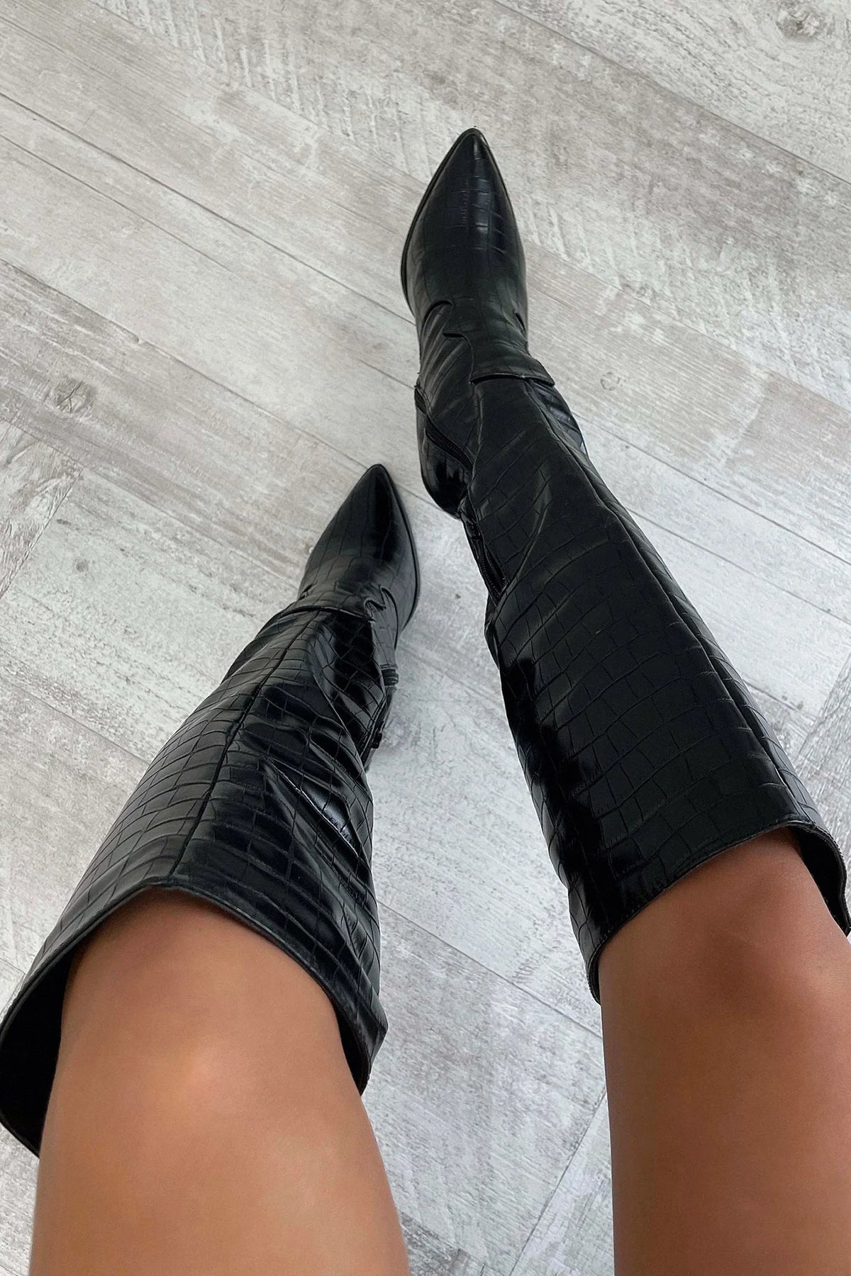 Margot - Women's Crocodile-Textured Knee-High Boots with Pointed Toe