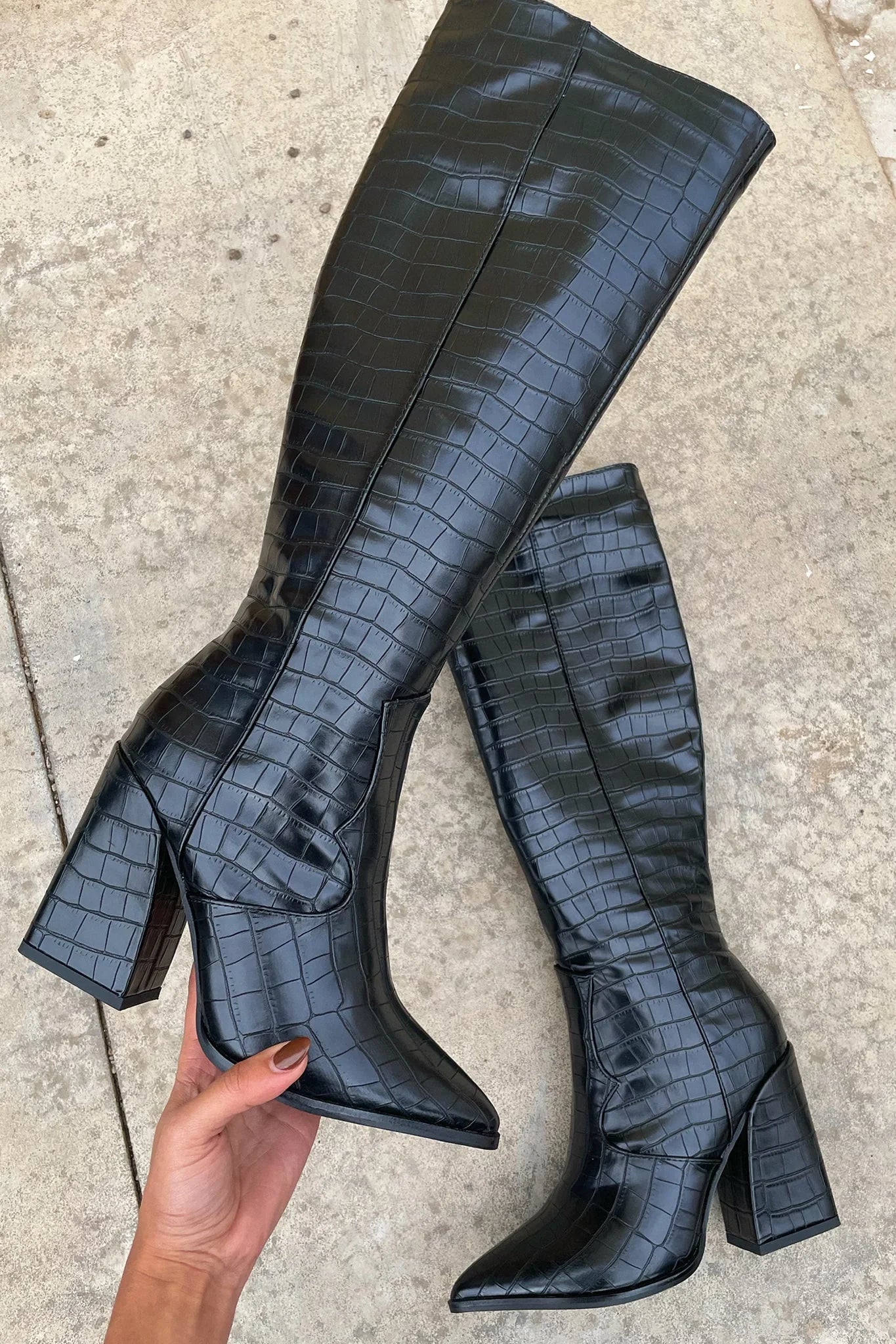 Margot - Women's Crocodile-Textured Knee-High Boots with Pointed Toe
