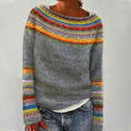 Margot - Women's Patterned Knit Sweater with Contrasting Striped Sleeves
