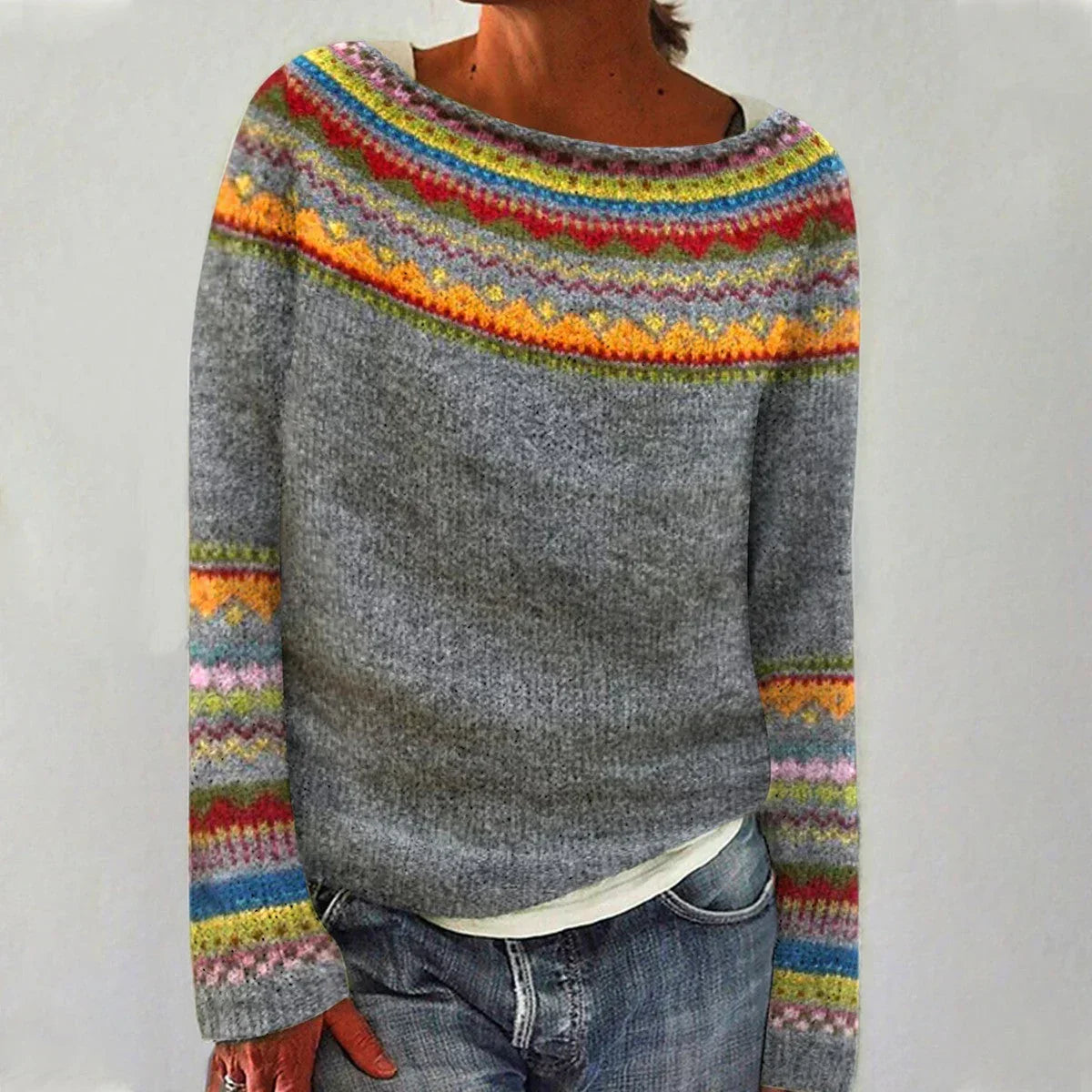 Margot - Women's Patterned Knit Sweater with Contrasting Striped Sleeves