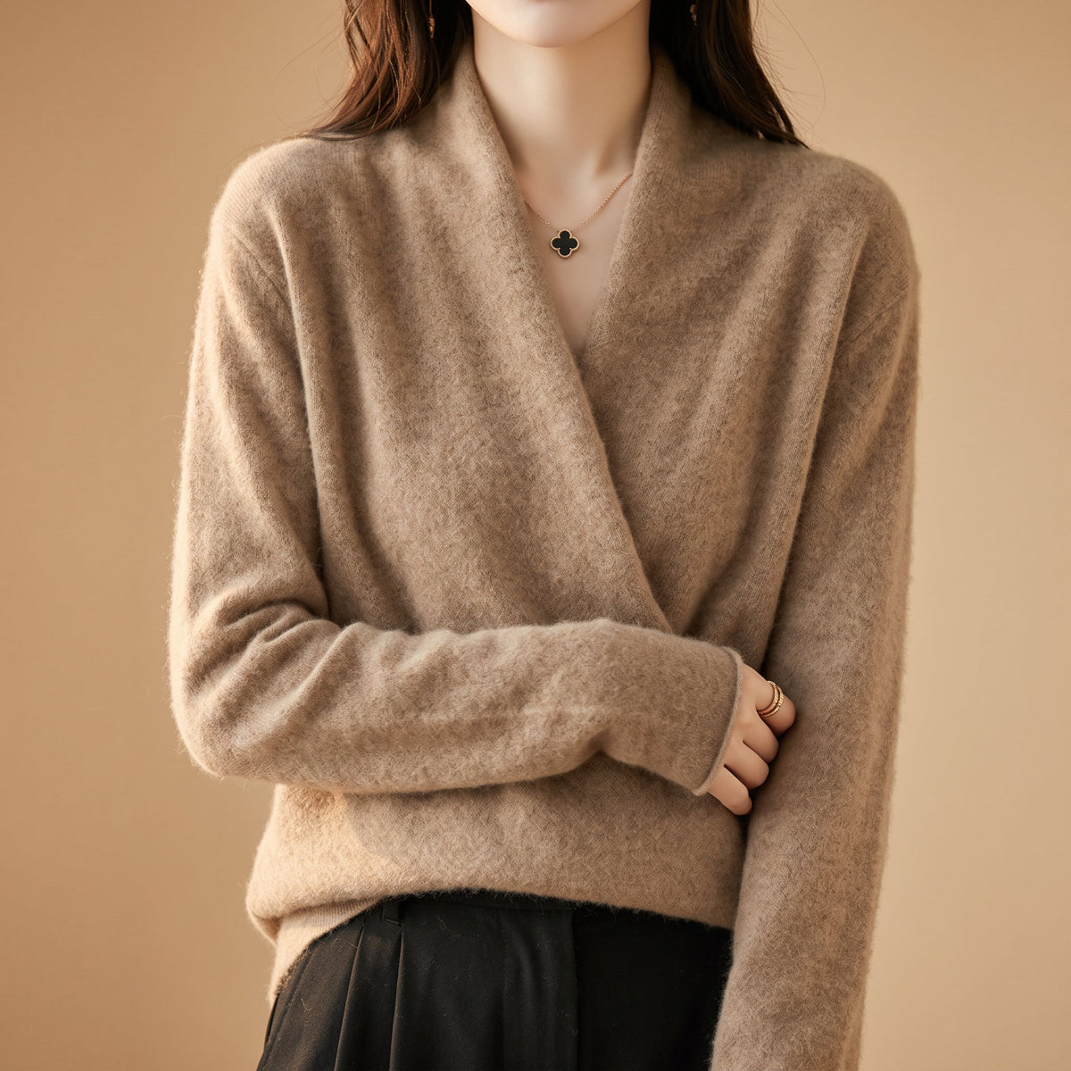 Marguerite - Women's Merino Wool Wrap Sweater with Structured Cuffs