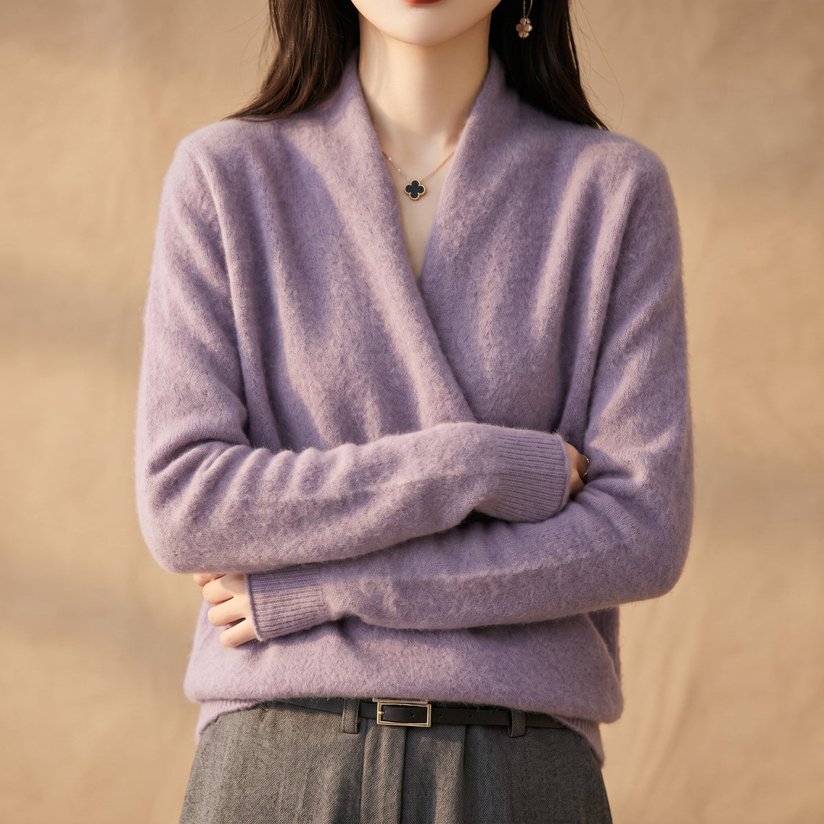 Marguerite - Women's Merino Wool Wrap Sweater with Structured Cuffs