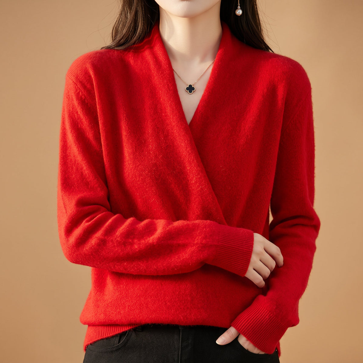 Marguerite - Women's Merino Wool Wrap Sweater with Structured Cuffs