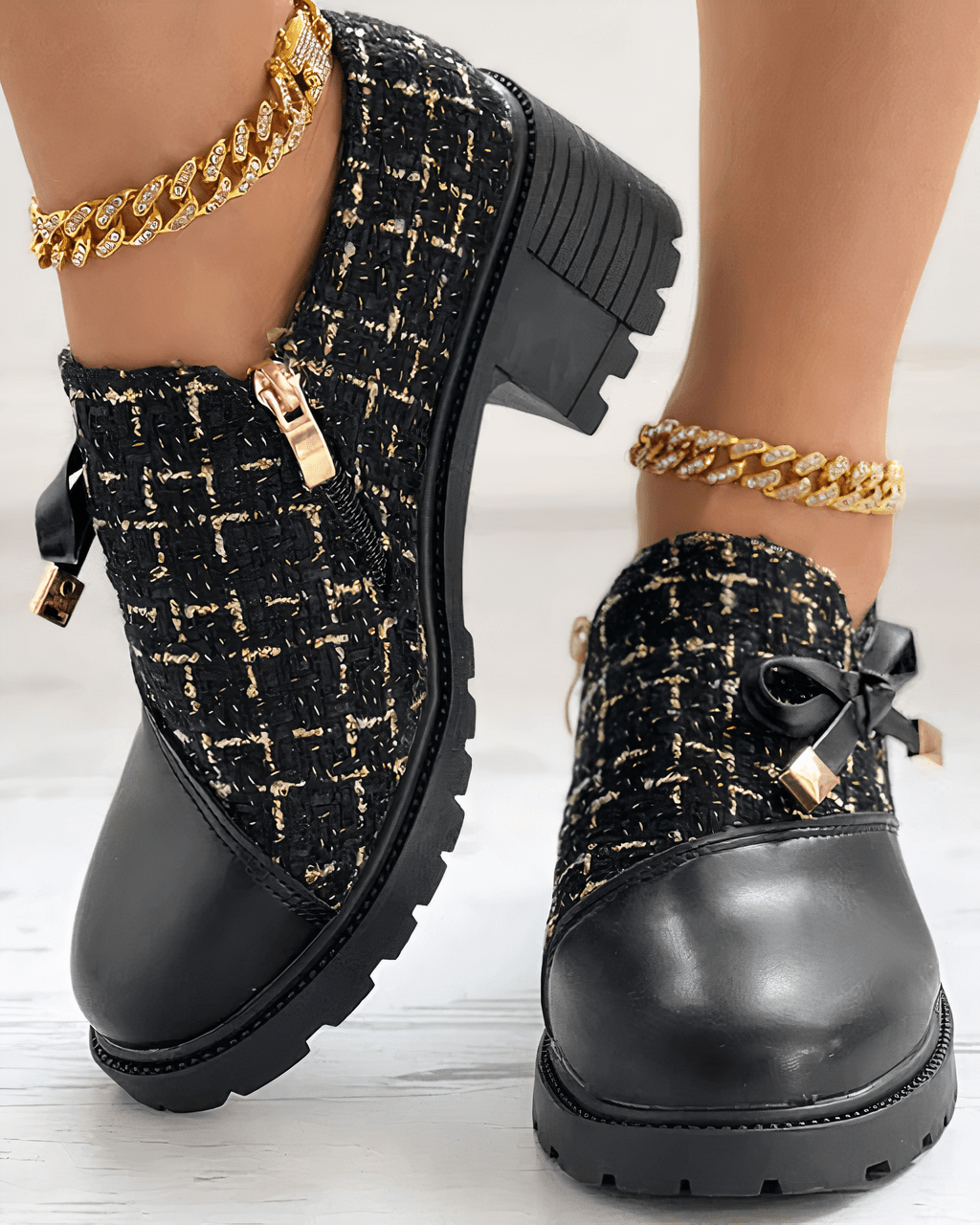 Marlene - Women's Lug-Sole Platform Booties with Textured Knit Upper