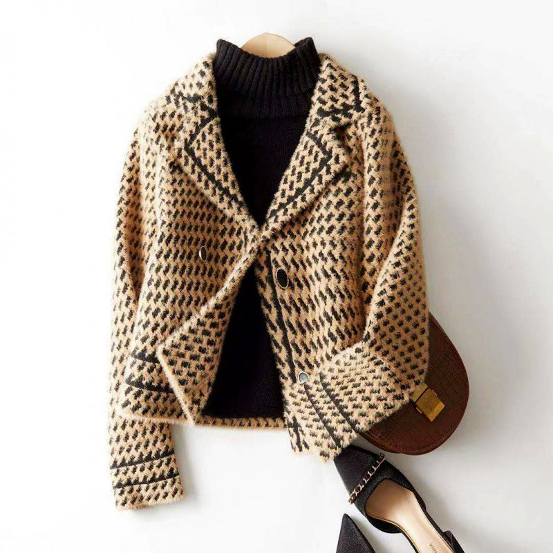 Melissa - Women's Houndstooth Double-Breasted Cropped Blazer