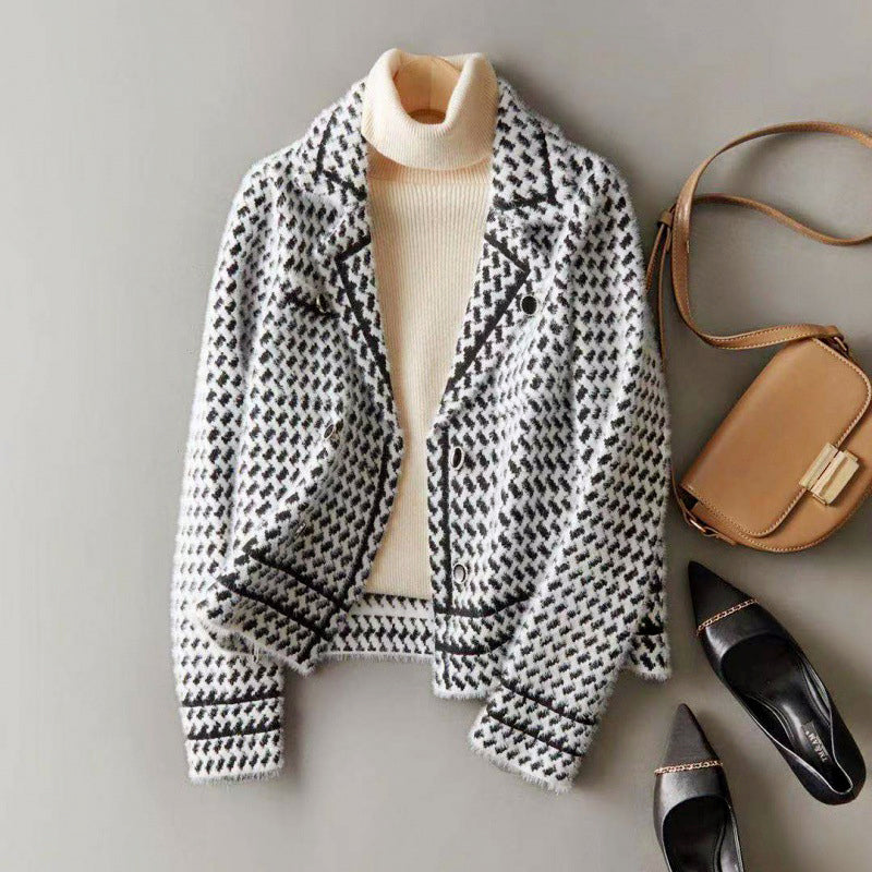 Melissa - Women's Houndstooth Double-Breasted Cropped Blazer