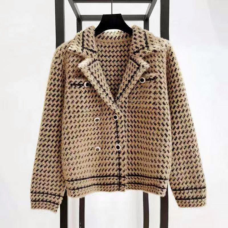 Melissa - Women's Houndstooth Double-Breasted Cropped Blazer