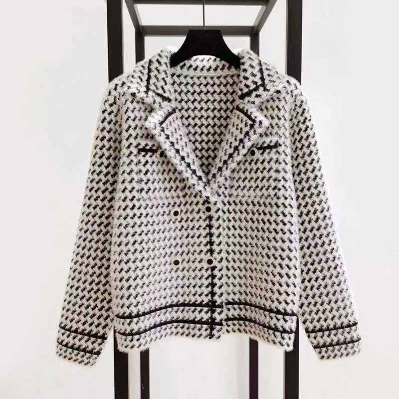Melissa - Women's Houndstooth Double-Breasted Cropped Blazer