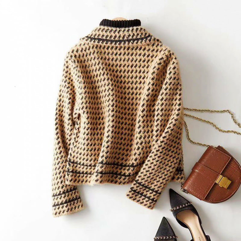 Melissa - Women's Houndstooth Double-Breasted Cropped Blazer