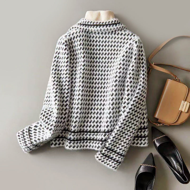 Melissa - Women's Houndstooth Double-Breasted Cropped Blazer