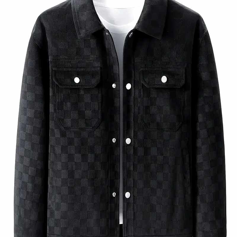 Michael - Men's Checkered Suede Snap Button Blazer Jacket 4