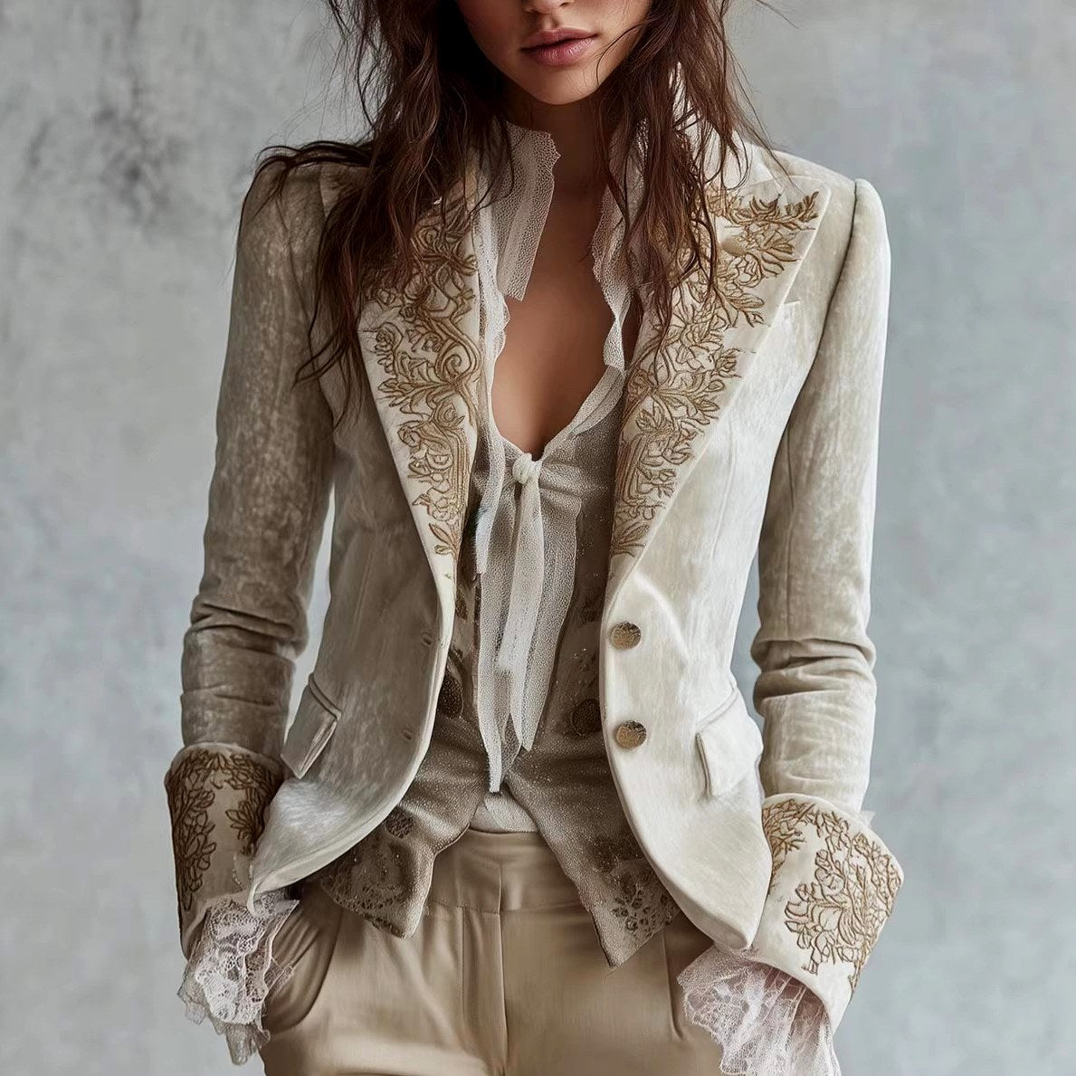 Mira - Women's Floral Embroidered Velvet Blazer with Lace Bell Cuffs 2