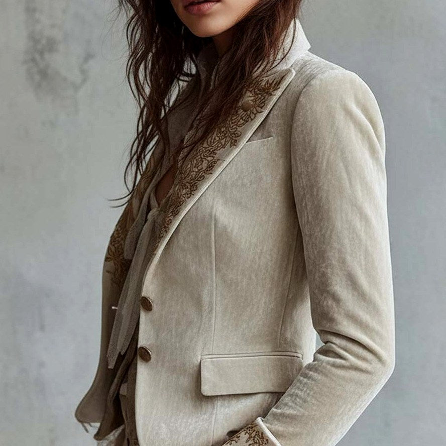 Mira - Women's Floral Embroidered Velvet Blazer with Lace Bell Cuffs 3