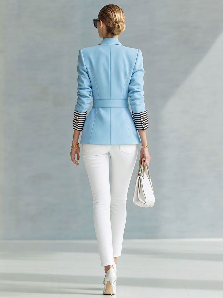 Natalie - Women's Tailored Blazer with Striped Cuffs and Cinch Belt