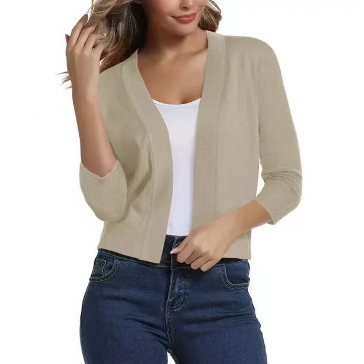 Natasha - Women's Cropped Open-Front Cardigan with 3/4 Sleeves