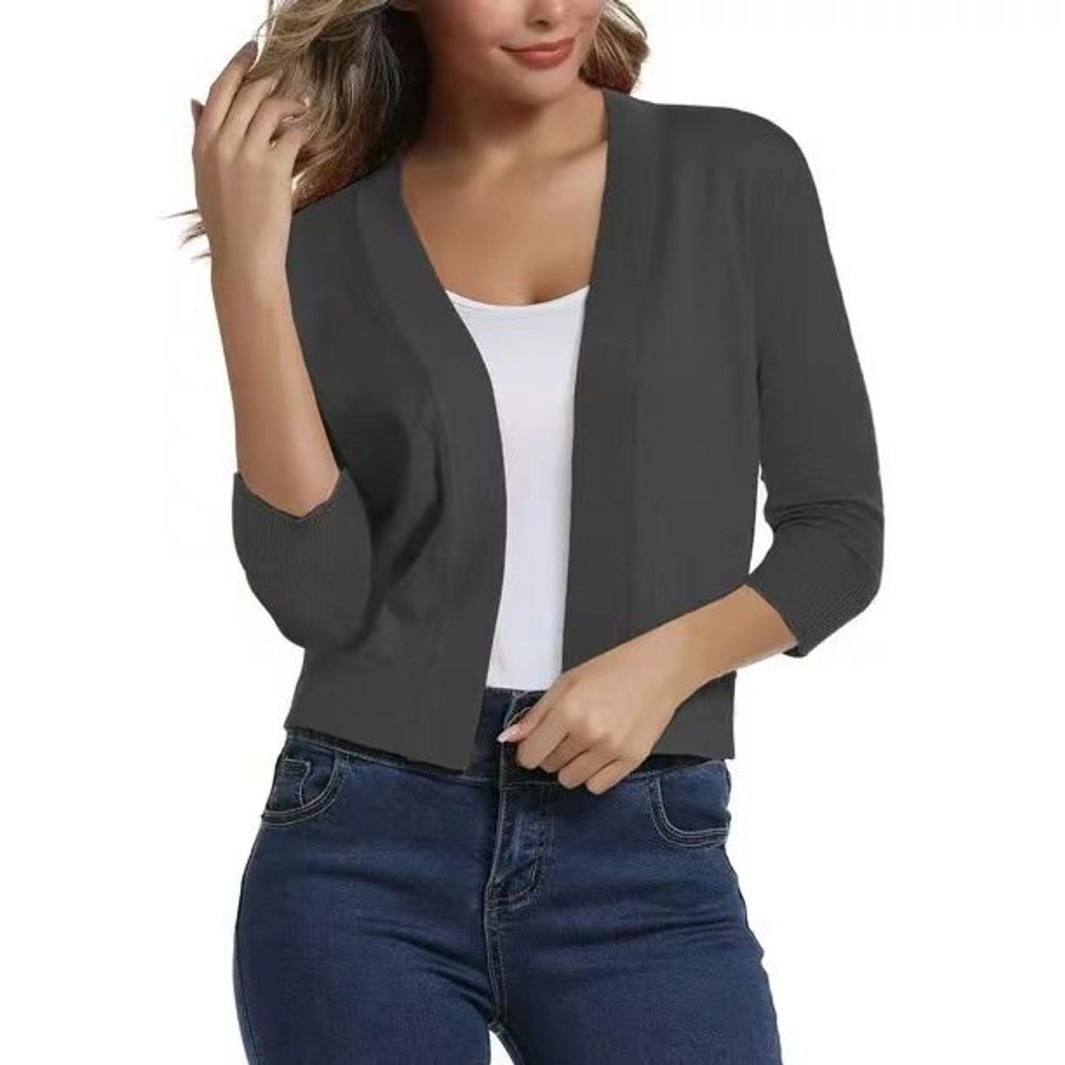 Natasha - Women's Cropped Open-Front Cardigan with 3/4 Sleeves