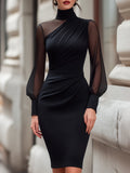 Norah - Women's Turtleneck Draped Bodycon Dress with Sheer Balloon Sleeves