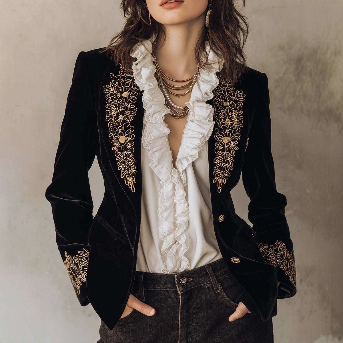 Odette - Women's Vintage Velvet Floral Embroidered Blazer 1