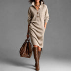 Olive - Women's Ribbed Knit Button Collar Sweater Dress 1