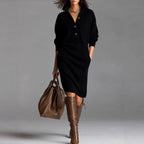 Olive - Women's Ribbed Knit Button Collar Sweater Dress 2