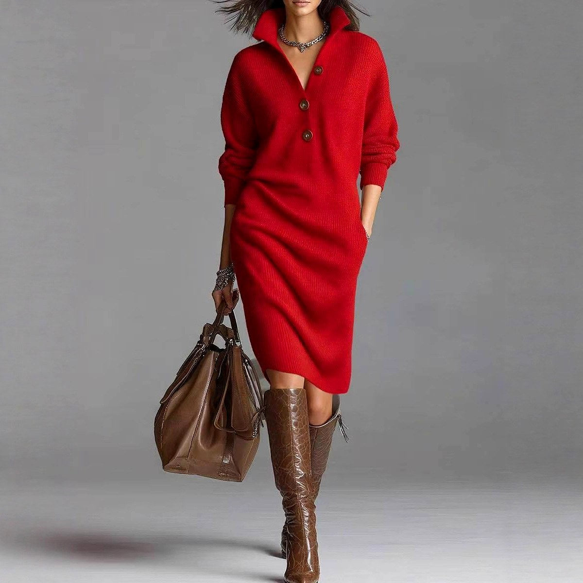 Olive - Women's Ribbed Knit Button Collar Sweater Dress 3