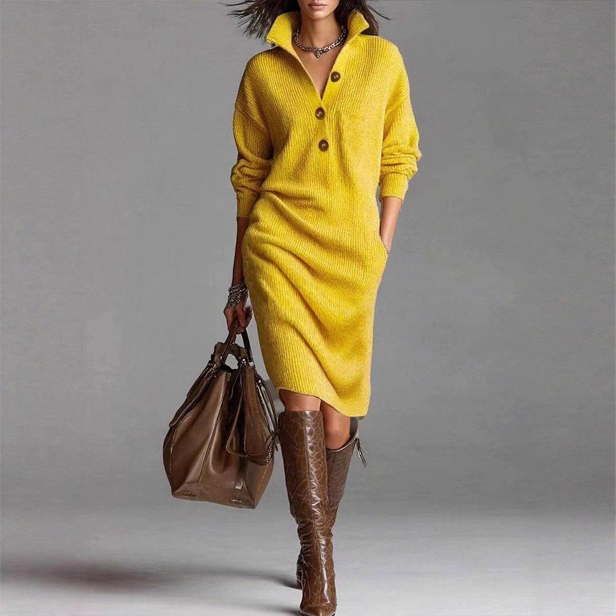 Olive - Women's Ribbed Knit Button Collar Sweater Dress 4