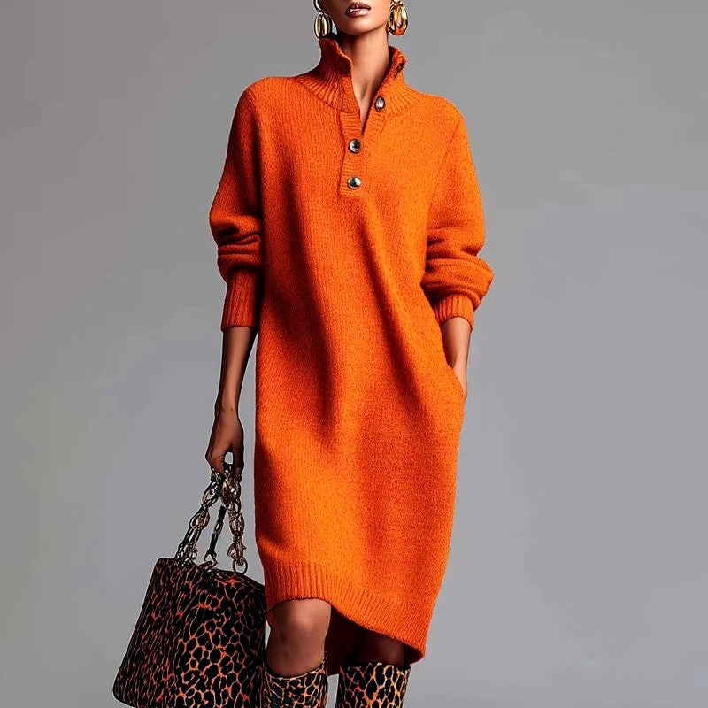 Olive - Women's Ribbed Knit Button Collar Sweater Dress 5