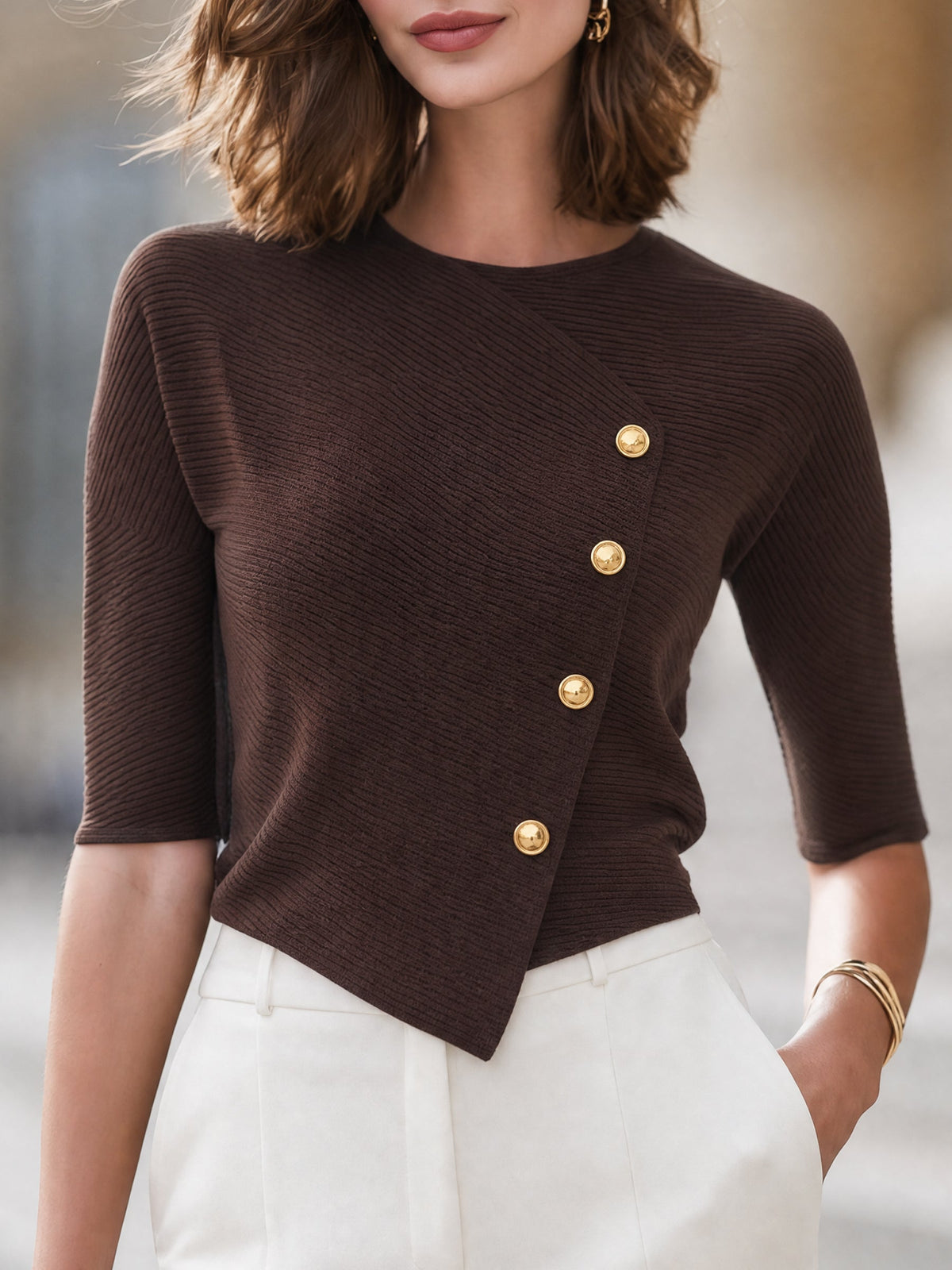 Ophelia - Women's Diagonal Button-Front Ribbed Knit Top
