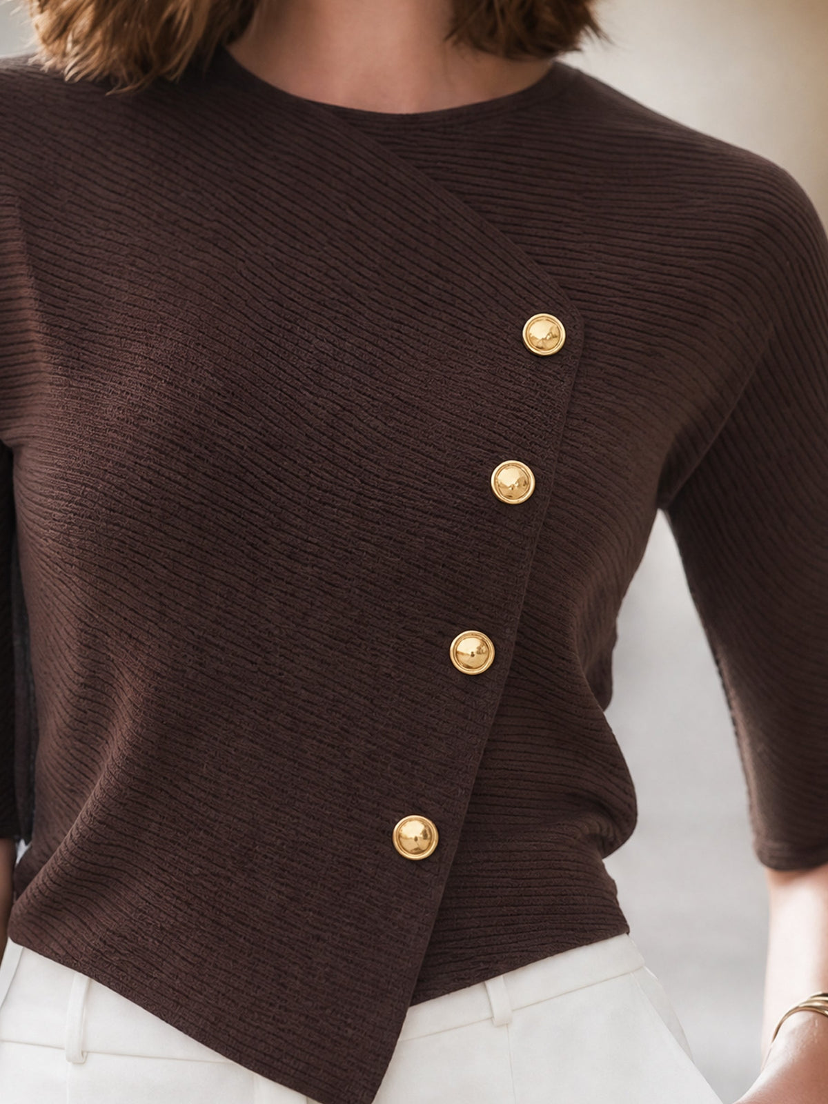 Ophelia - Women's Diagonal Button-Front Ribbed Knit Top