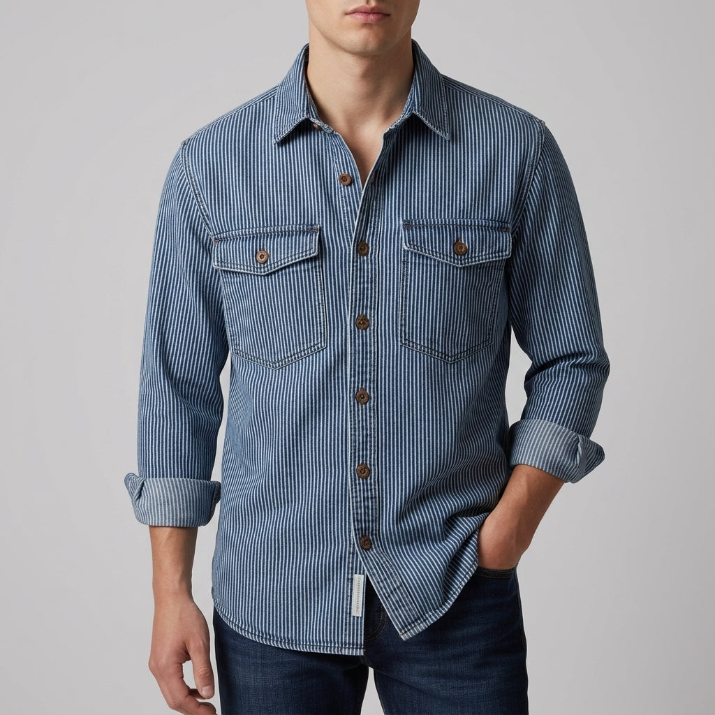 Pablo - Men's Striped Vintage Denim Shirt with Chest Pockets