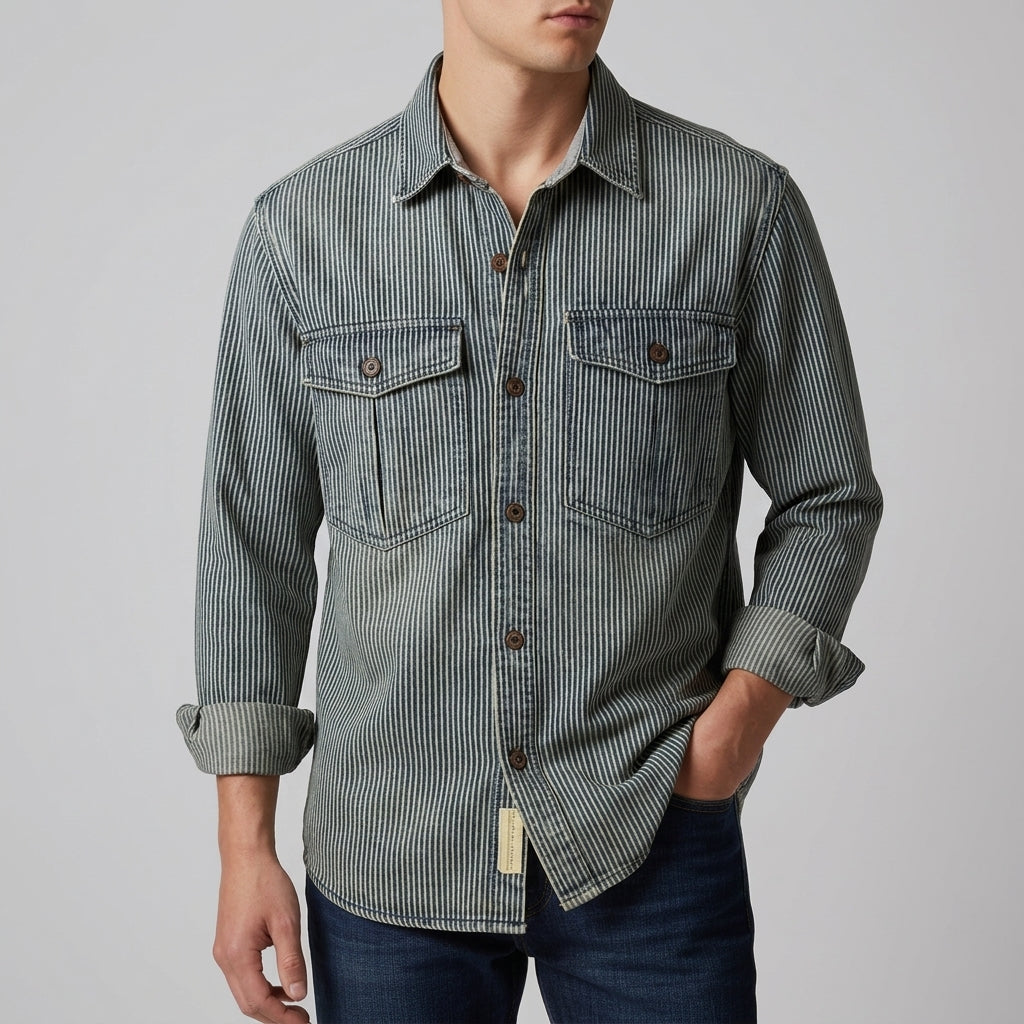 Pablo - Men's Striped Vintage Denim Shirt with Chest Pockets
