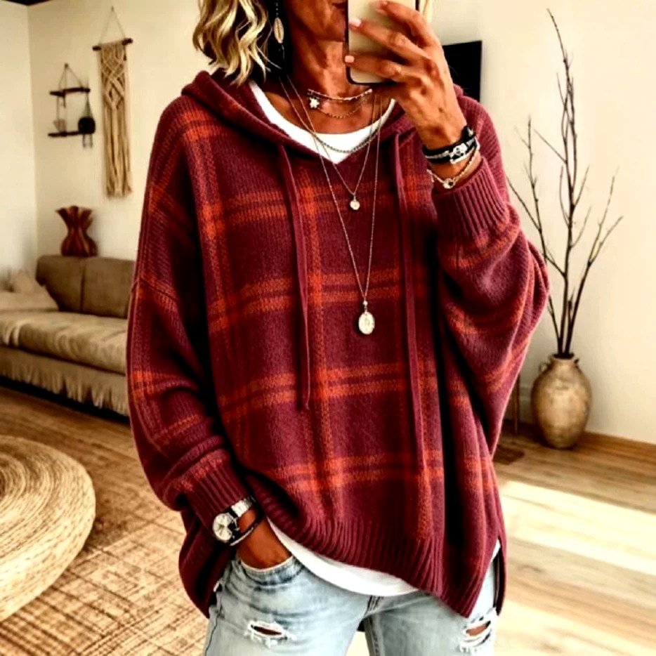 Priscilla - Women's Plaid Hooded Oversized Hooded Knit Sweater 4