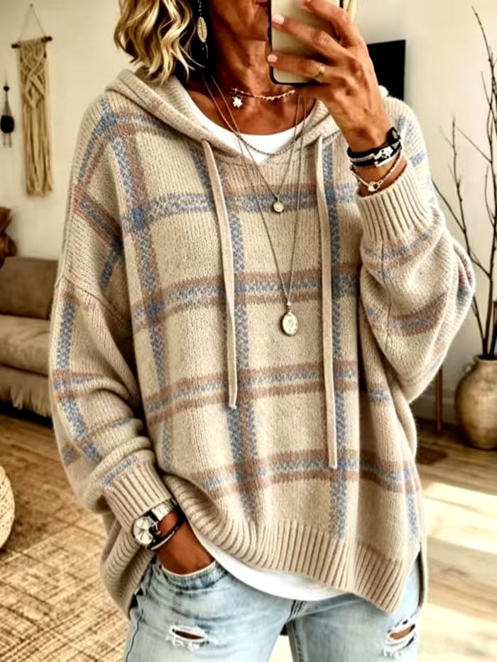 Priscilla - Women's Plaid Hooded Oversized Hooded Knit Sweater 5