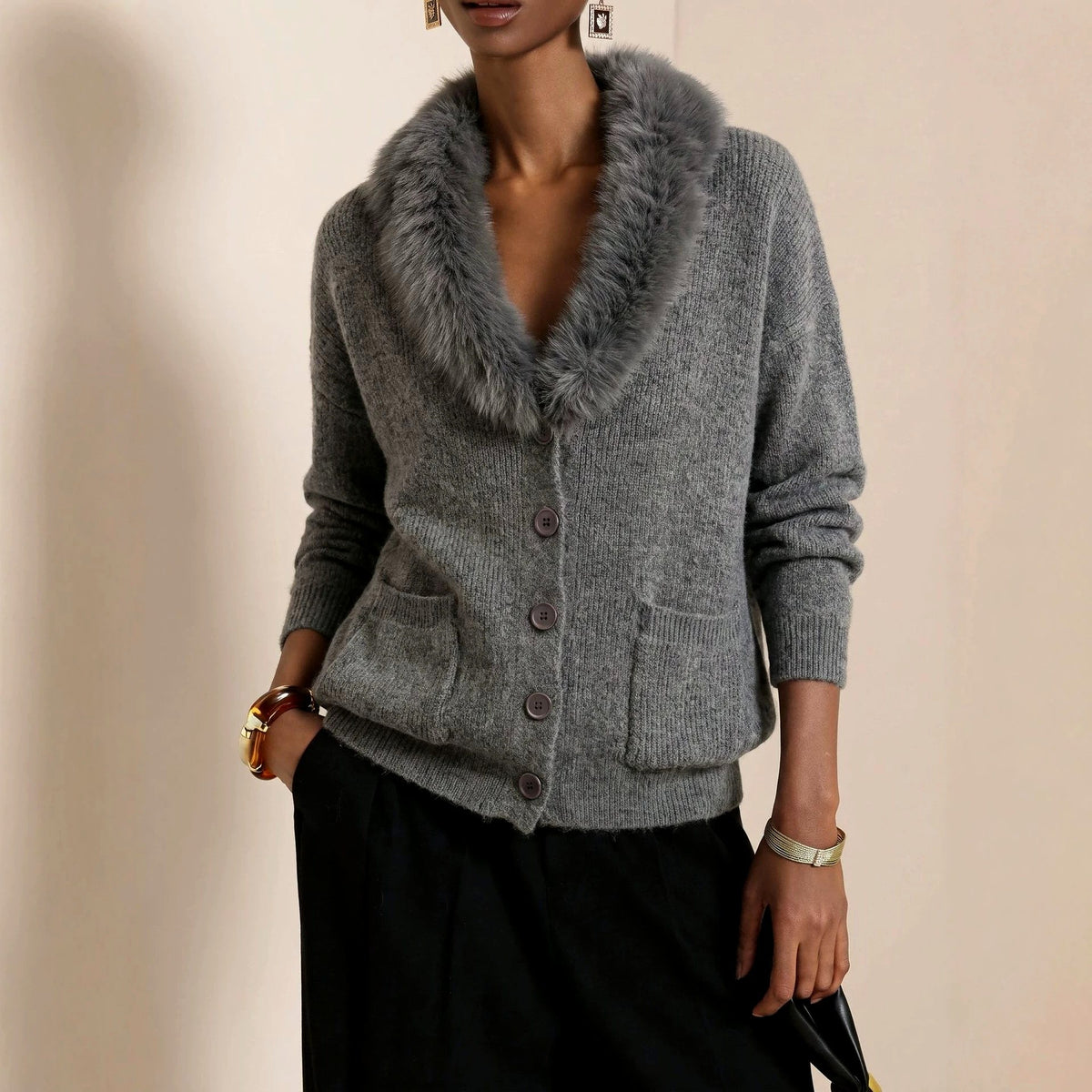 Rebecca - Women's Faux Fur Collar Button-Front Knit Cardigan 1