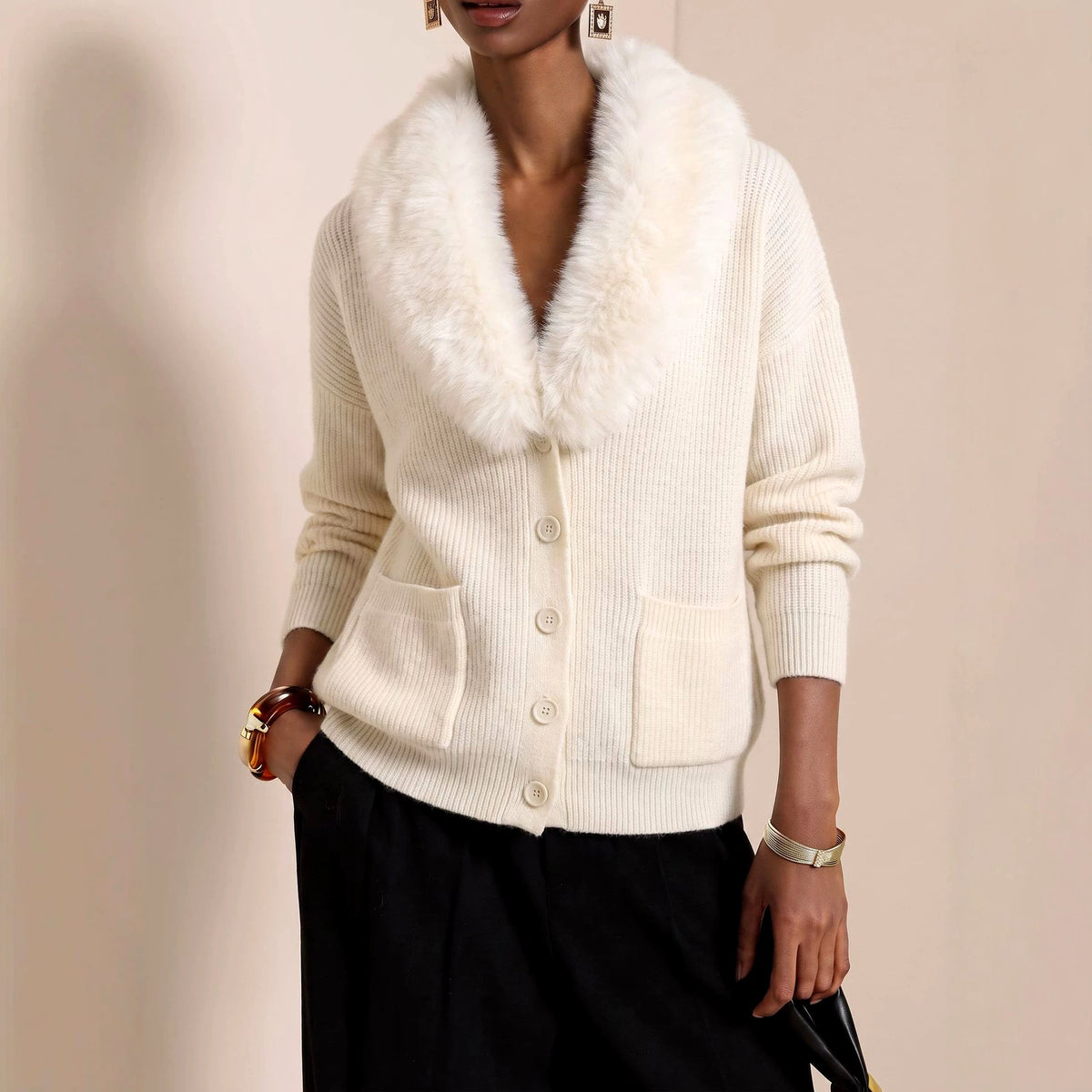 Rebecca - Women's Faux Fur Collar Button-Front Knit Cardigan 2