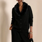 Rebecca - Women's Faux Fur Collar Button-Front Knit Cardigan 3