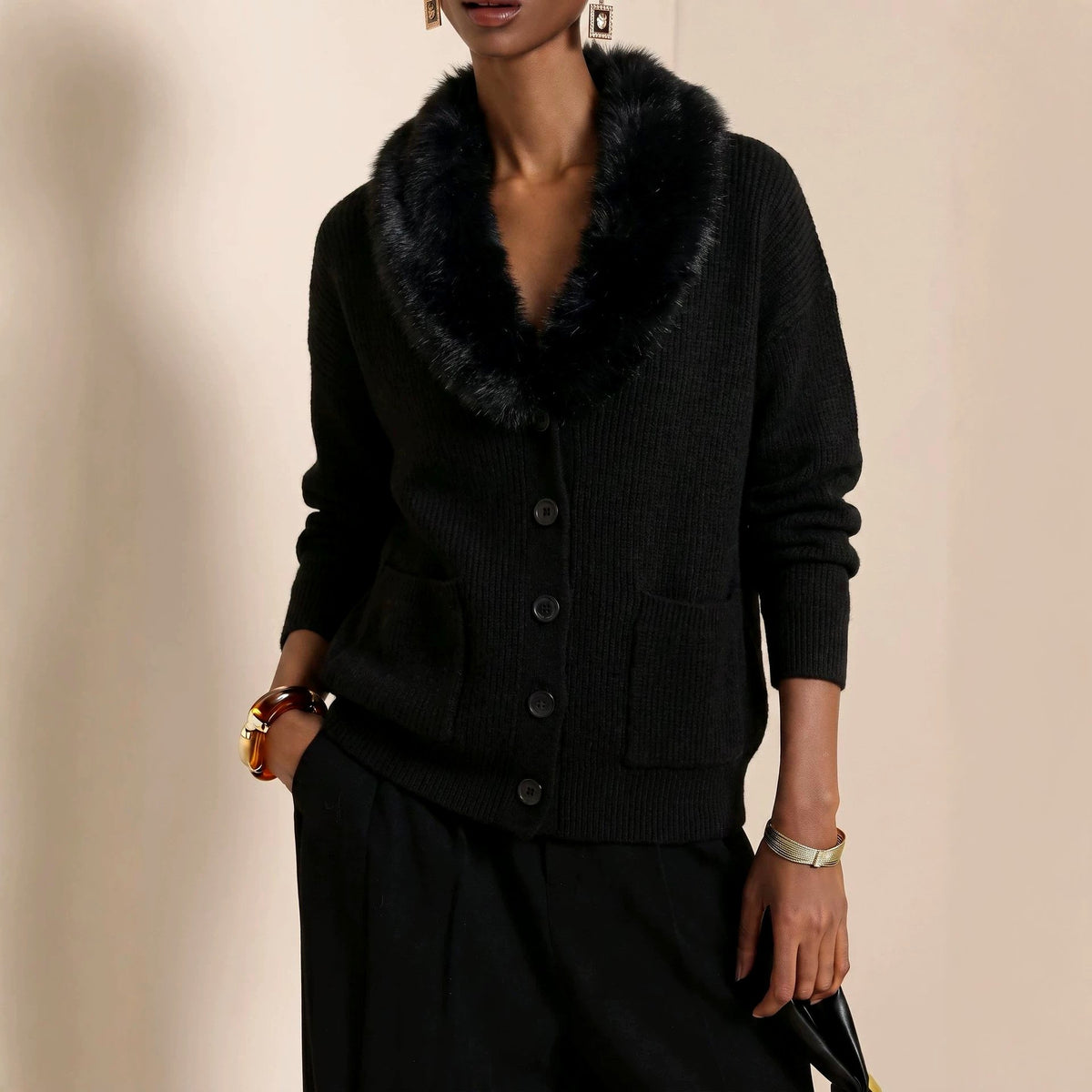 Rebecca - Women's Faux Fur Collar Button-Front Knit Cardigan 3