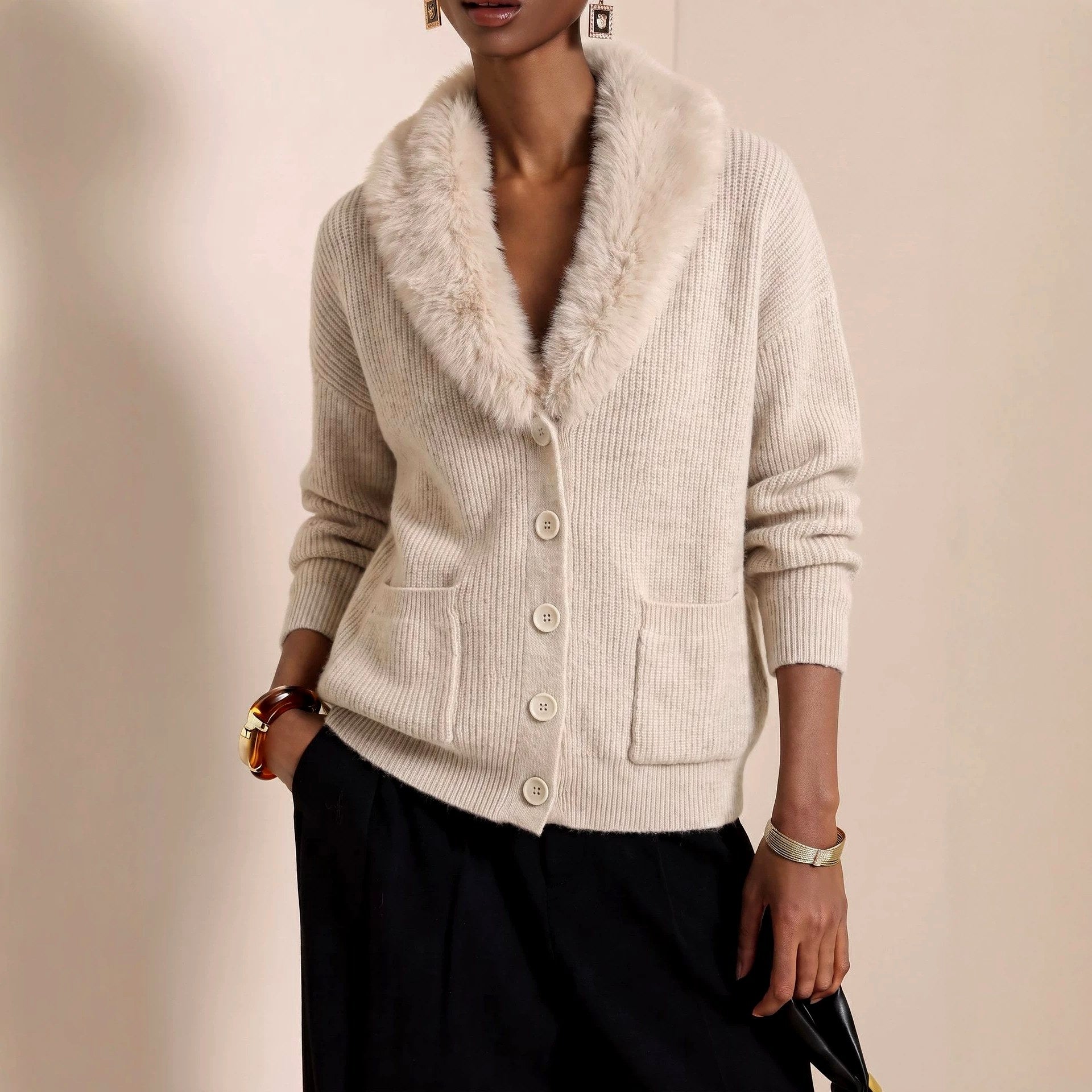 Rebecca - Women's Faux Fur Collar Button-Front Knit Cardigan 4