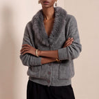 Rebecca - Women's Faux Fur Collar Button-Front Knit Cardigan 5