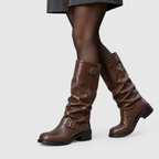 Reina - Women's Double-Buckle Knee-High Boots with Slouched Leather Shaft