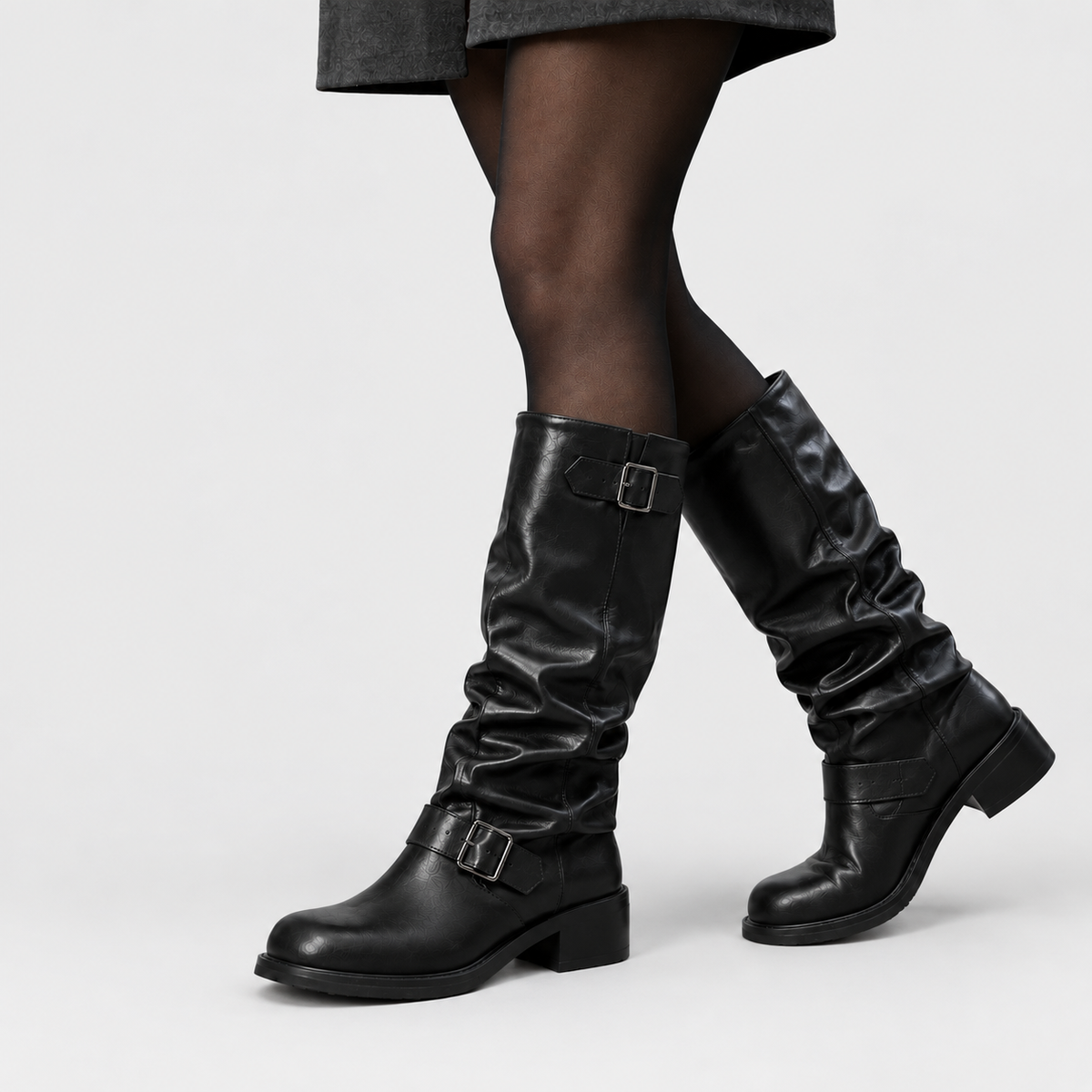 Reina - Women's Double-Buckle Knee-High Boots with Slouched Leather Shaft