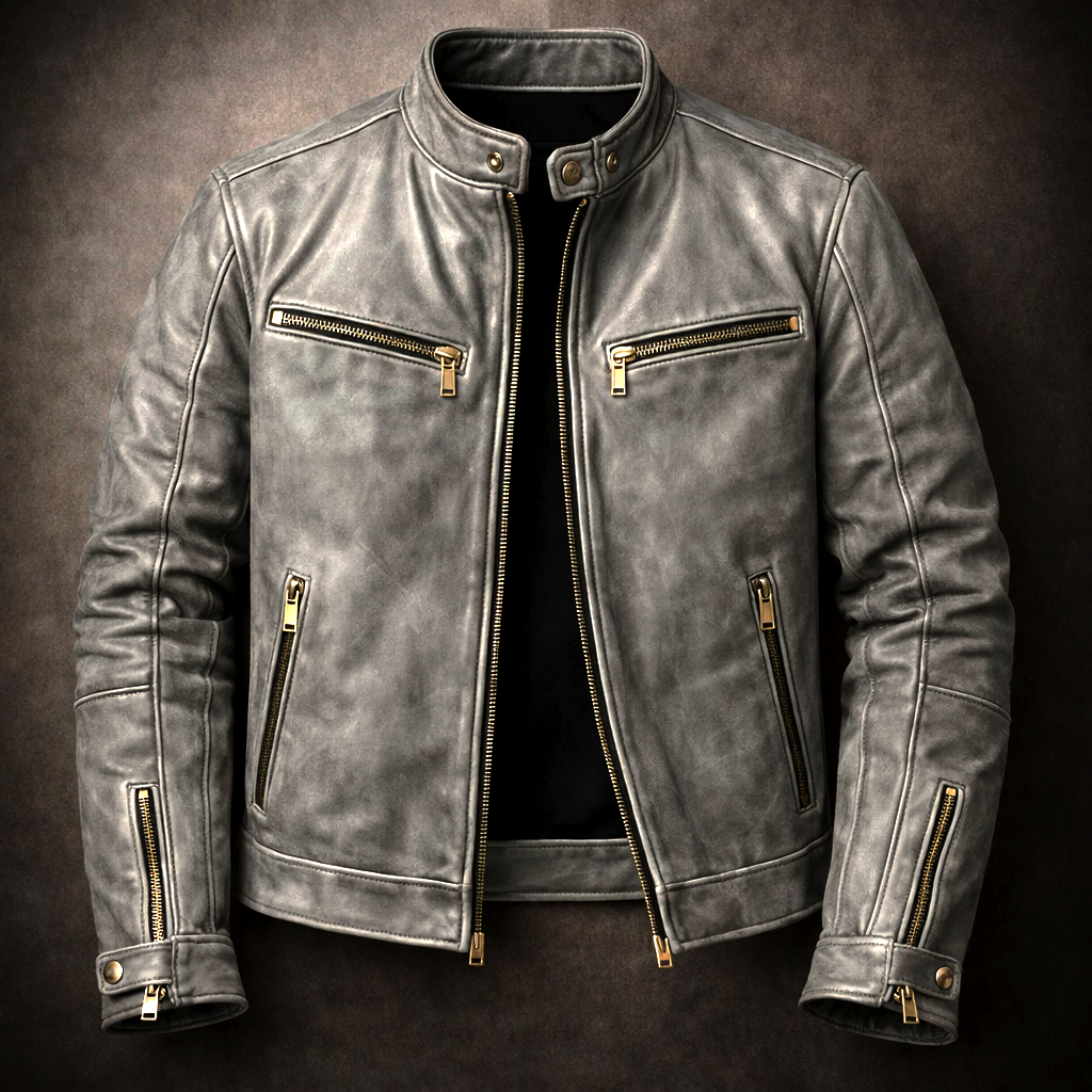 Rufus - Men's Distressed Leather Moto Jacket with Chest Zip Pockets