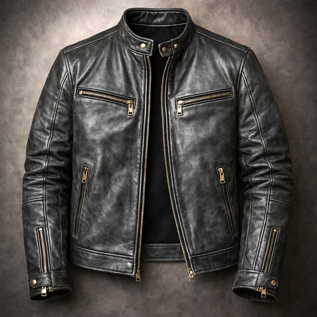 Rufus - Men's Distressed Leather Moto Jacket with Chest Zip Pockets