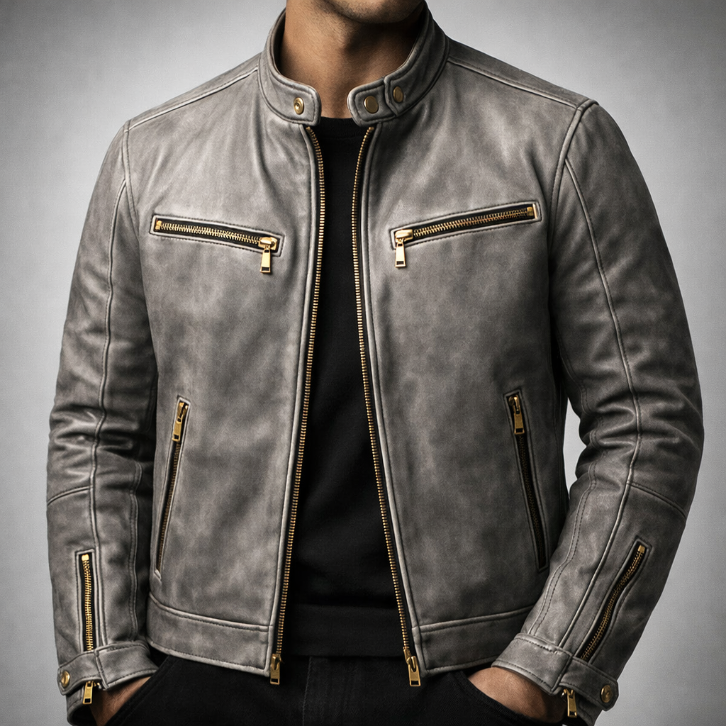 Rufus - Men's Distressed Leather Moto Jacket with Chest Zip Pockets