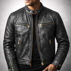 Rufus - Men's Distressed Leather Moto Jacket with Chest Zip Pockets
