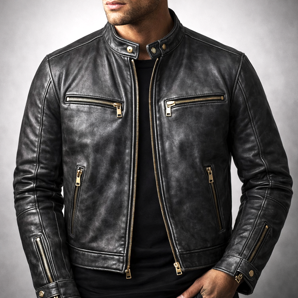 Rufus - Men's Distressed Leather Moto Jacket with Chest Zip Pockets
