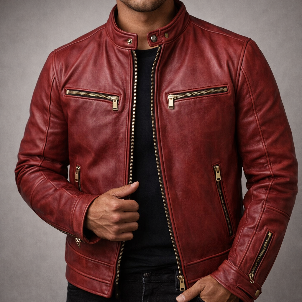 Rufus - Men's Distressed Leather Moto Jacket with Chest Zip Pockets